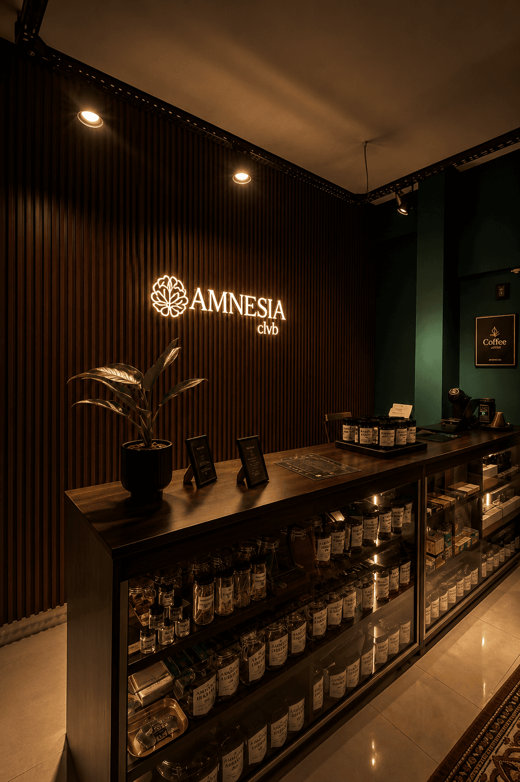 Recepción Amnesia Clvb con vitrinas y logo iluminado