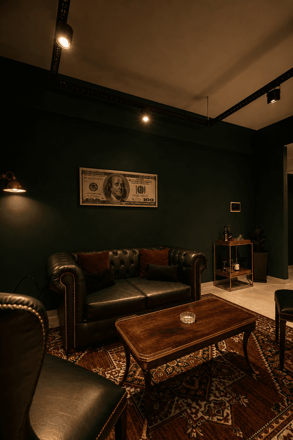 Salón privado con sillón Chesterfield, carrito de bar y ambiente lounge