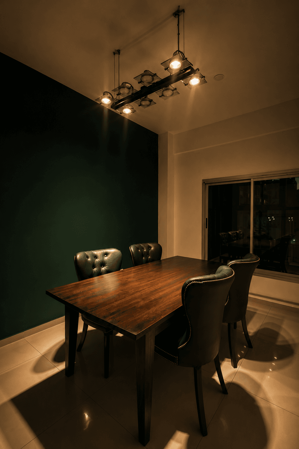 Comedor privado con sillas verdes y luz cálida